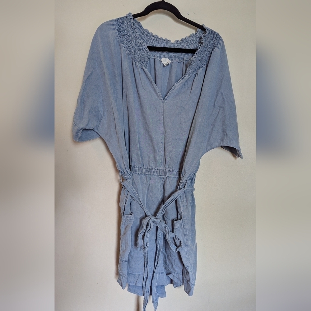 Andree By Unit Chambray Romper Blue Belted Ruffle Neckline Women's Size 3X